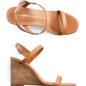 Report brown camel wooden wedge strappy heels